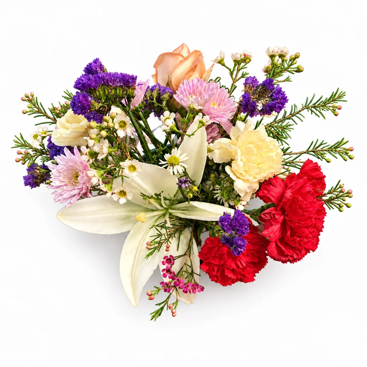 White lily, red carnations and pastel mixed flowers on white
