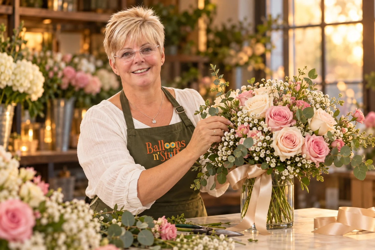 AI-created portrait of Vickie Wofford with anniversary roses for Balloons ’N’ Stuff.