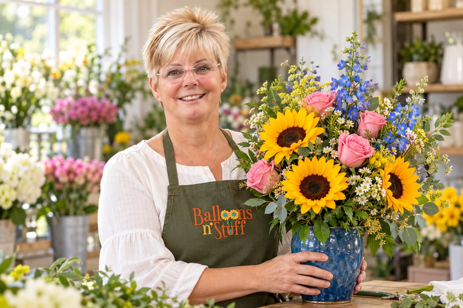 AI-created portrait of Vickie Wofford with birthday surprises for Balloons ’N’ Stuff.