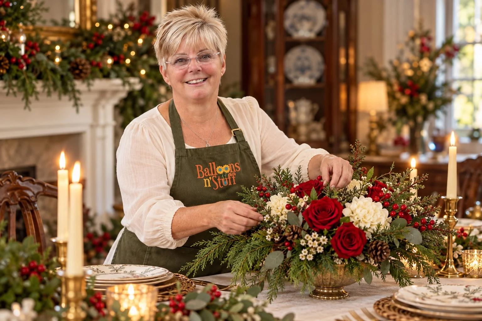 AI-created portrait of Vickie Wofford with holiday table for Balloons ’N’ Stuff.