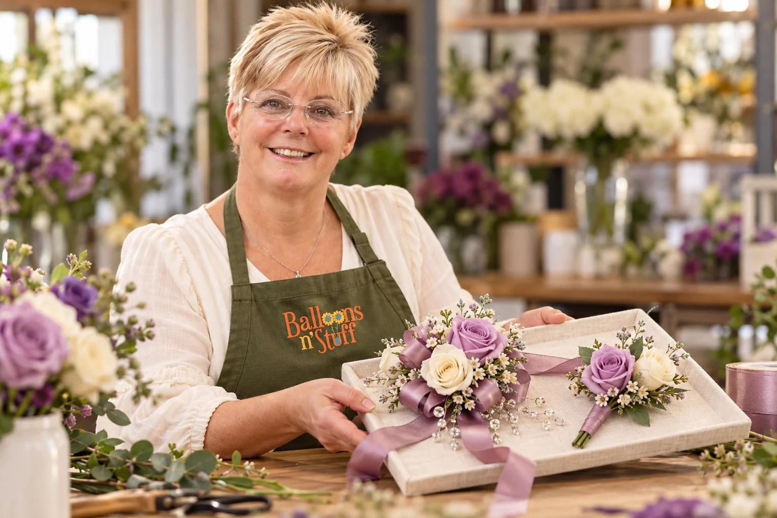 AI-created portrait of Vickie Wofford with prom flowers for Balloons ’N’ Stuff.