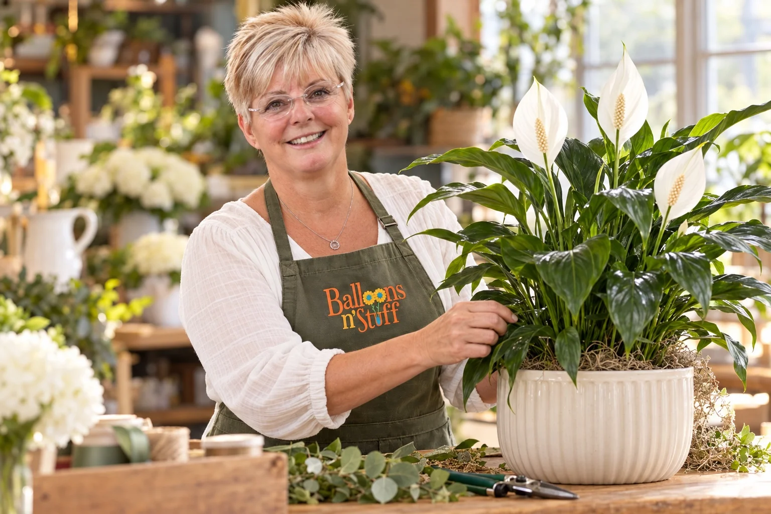 AI-created portrait of Vickie Wofford with sympathy plants for Balloons ’N’ Stuff.