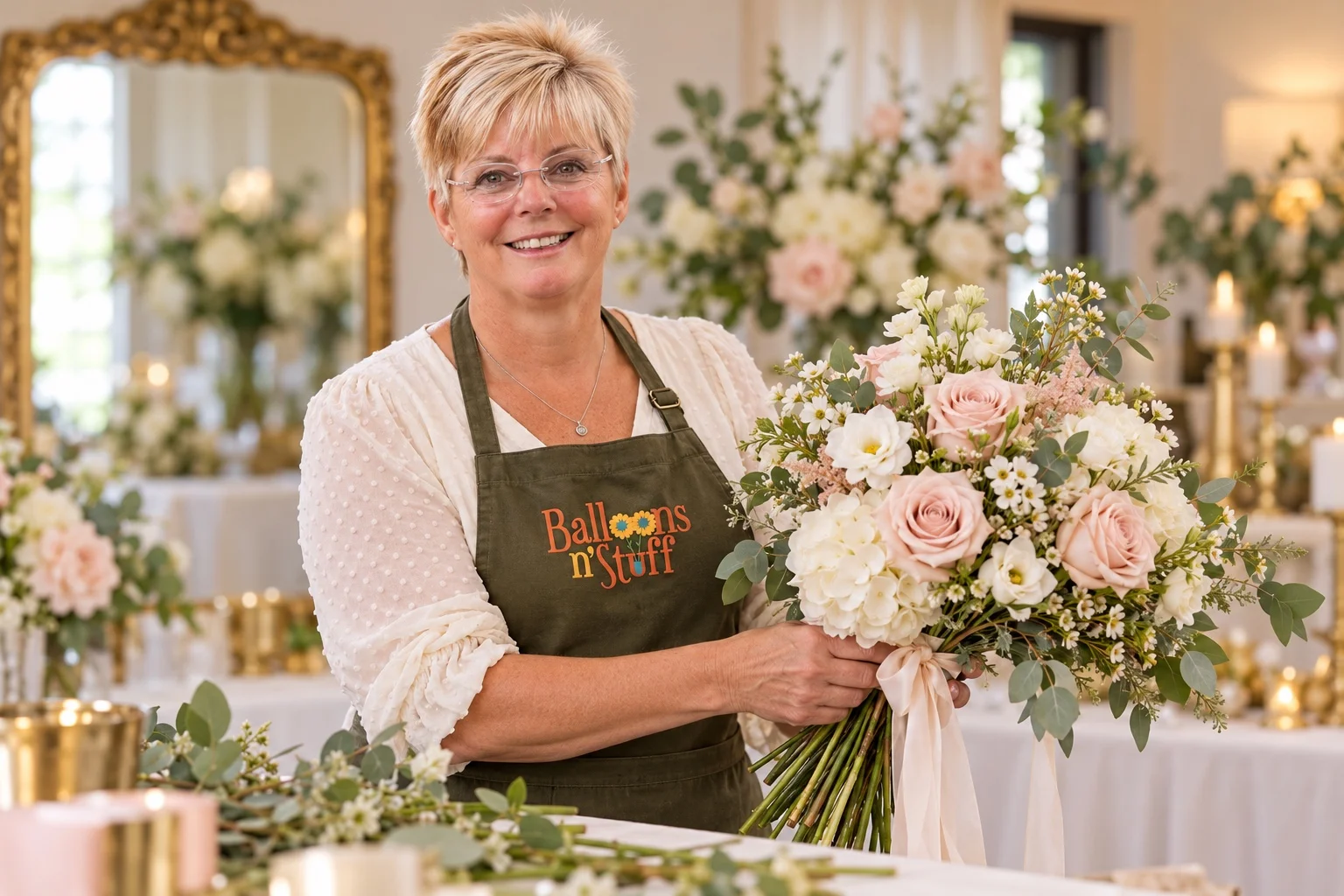 AI-created portrait of Vickie Wofford with wedding bouquets for Balloons ’N’ Stuff.